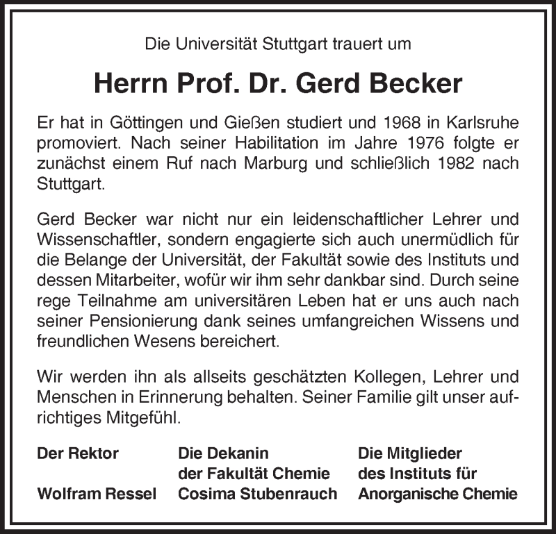  Traueranzeige für Gerd Becker vom 14.01.2017 aus Stuttgarter Zeitung / Stuttgarter Nachrichten