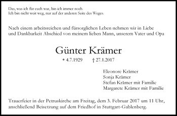 Traueranzeige von Günter Krämer von Stuttgarter Zeitung / Stuttgarter Nachrichten