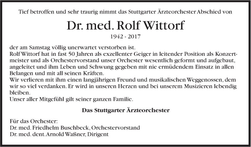  Traueranzeige für Rolf Wittorf vom 18.10.2017 aus Stuttgarter Zeitung / Stuttgarter Nachrichten