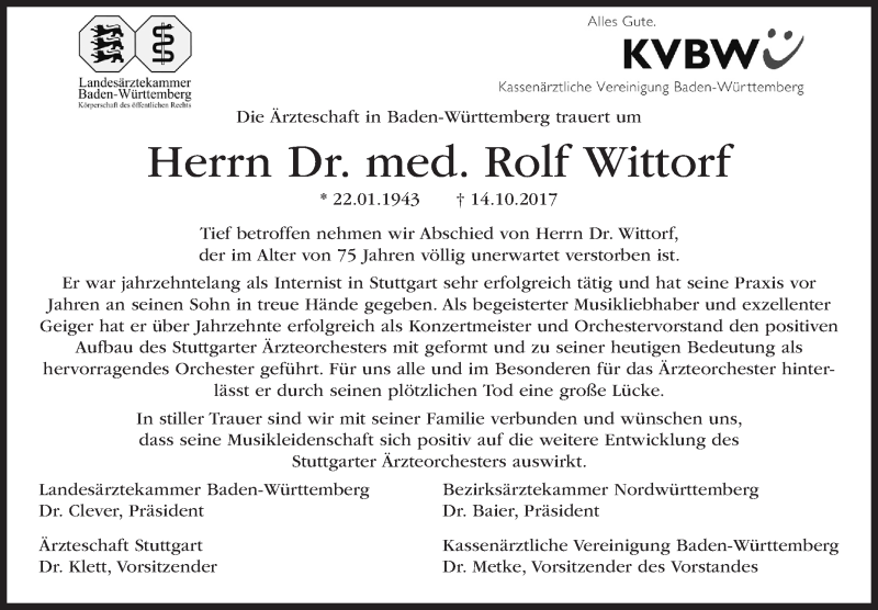  Traueranzeige für Rolf Wittorf vom 19.10.2017 aus Stuttgarter Zeitung / Stuttgarter Nachrichten