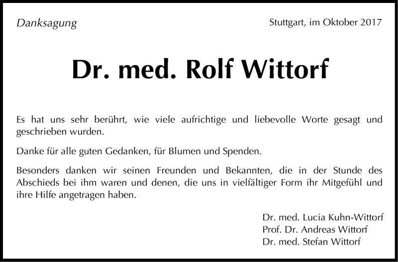 Traueranzeige für Rolf Wittorf vom 26.10.2017 aus Stuttgarter Zeitung / Stuttgarter Nachrichten