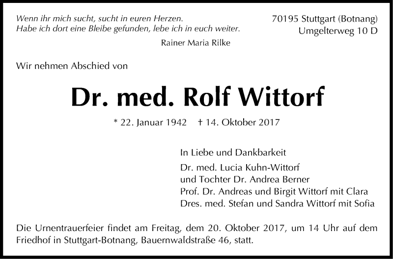 Traueranzeige für Rolf Wittorf vom 17.10.2017 aus Stuttgarter Zeitung / Stuttgarter Nachrichten