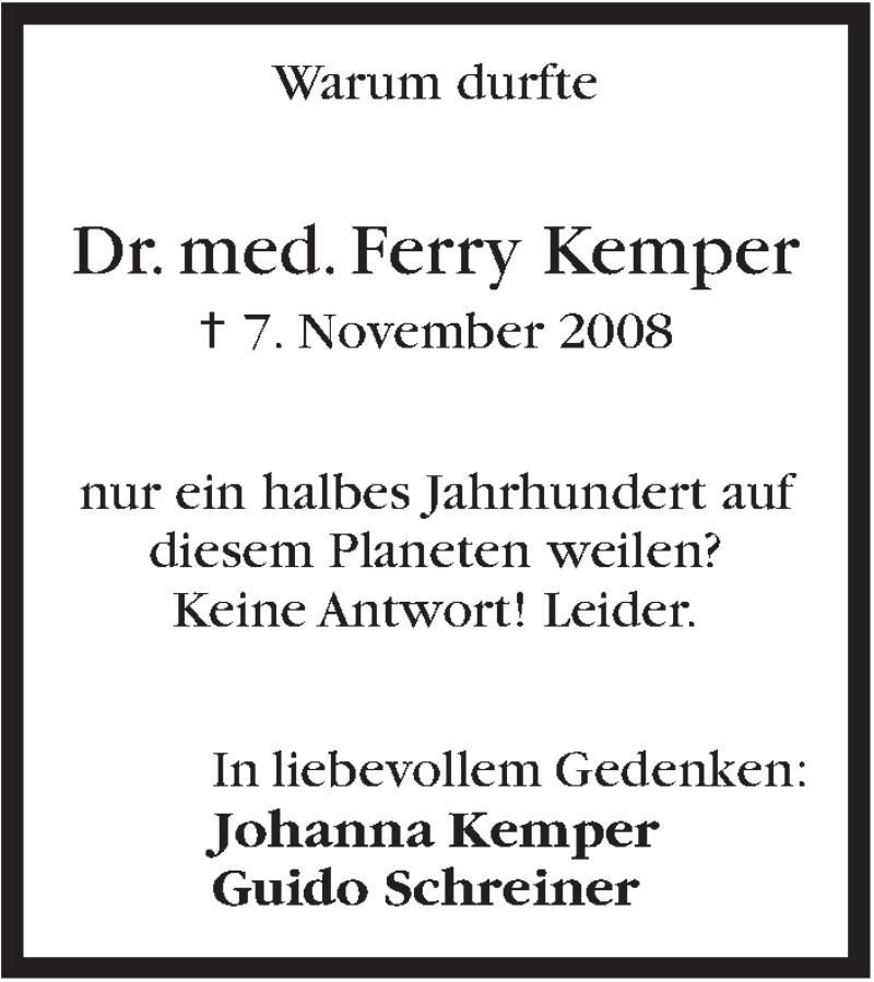  Traueranzeige für Ferry Kemper vom 08.11.2017 aus Stuttgarter Zeitung / Stuttgarter Nachrichten