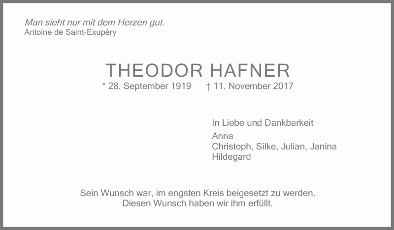  Traueranzeige für Theodor Hafner vom 18.11.2017 aus Stuttgarter Zeitung / Stuttgarter Nachrichten