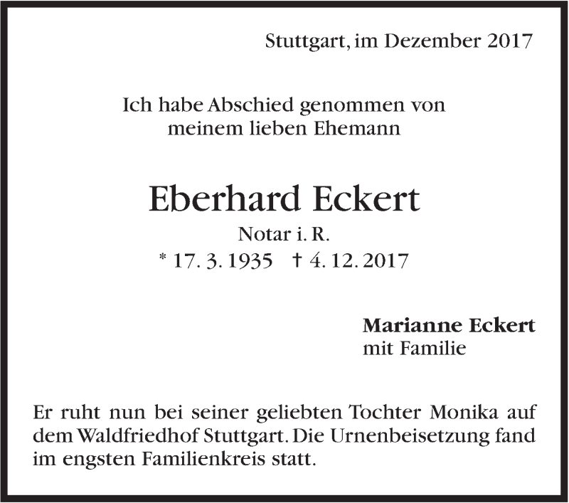  Traueranzeige für Eberhard Eckert vom 22.12.2017 aus Stuttgarter Zeitung / Stuttgarter Nachrichten