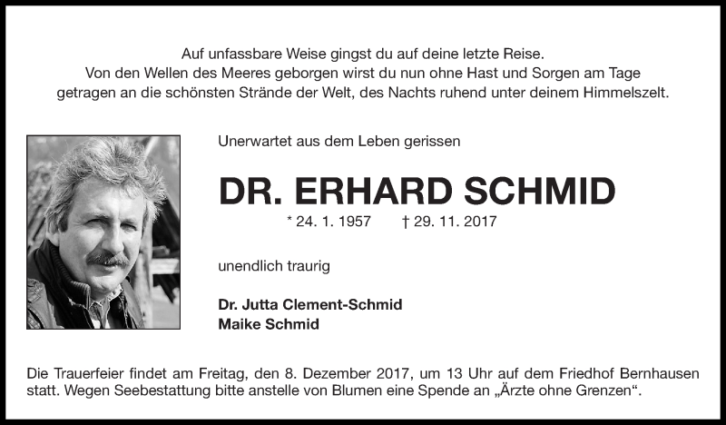  Traueranzeige für Erhard Schmid vom 02.12.2017 aus Stuttgarter Zeitung / Stuttgarter Nachrichten