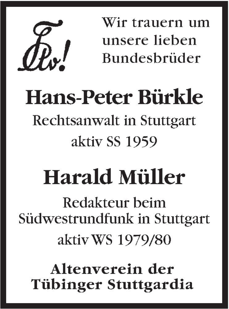  Traueranzeige für Hans-Peter Bürkle vom 16.12.2017 aus Stuttgarter Zeitung / Stuttgarter Nachrichten