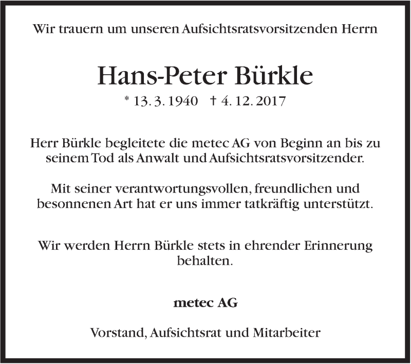  Traueranzeige für Hans-Peter Bürkle vom 14.12.2017 aus Stuttgarter Zeitung / Stuttgarter Nachrichten
