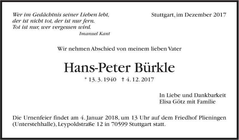  Traueranzeige für Hans-Peter Bürkle vom 13.12.2017 aus Stuttgarter Zeitung / Stuttgarter Nachrichten