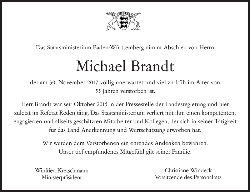  Traueranzeige für Michael Brandt vom 09.12.2017 aus Stuttgarter Zeitung / Stuttgarter Nachrichten