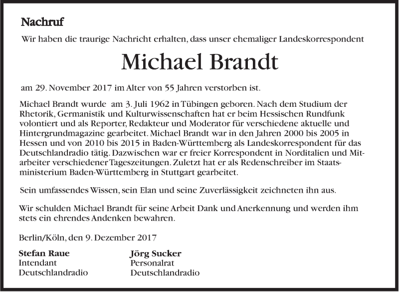  Traueranzeige für Michael Brandt vom 09.12.2017 aus Stuttgarter Zeitung / Stuttgarter Nachrichten