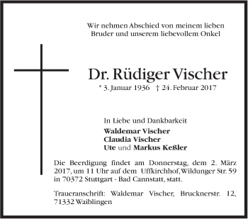 Traueranzeige von Rüdiger Vischer  von Stuttgarter Zeitung / Stuttgarter Nachrichten