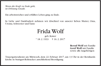Traueranzeige von Frieda Wolf von Stuttgarter Zeitung / Stuttgarter Nachrichten