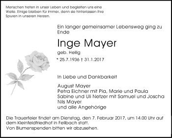 Traueranzeige von Inge Mayer von Stuttgarter Zeitung / Stuttgarter Nachrichten