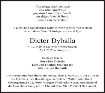 Traueranzeige von Dieter Dyballa von Stuttgarter Zeitung / Stuttgarter Nachrichten
