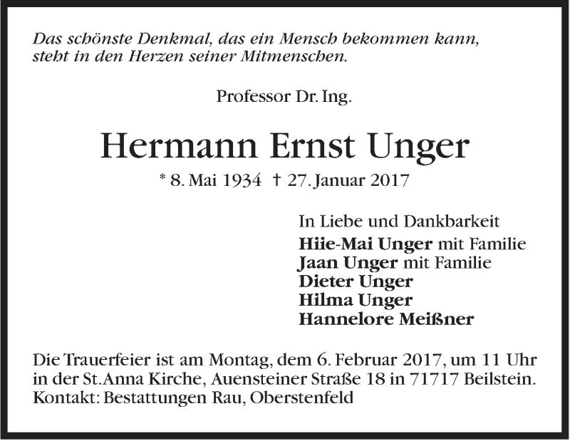  Traueranzeige für Hermann Ernst Unger vom 04.02.2017 aus Stuttgarter Zeitung / Stuttgarter Nachrichten