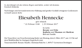 Traueranzeige von Eliesabeth Hennecke von Stuttgarter Zeitung / Stuttgarter Nachrichten