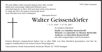 Traueranzeige von Walter Geissendörfer von Stuttgarter Zeitung / Stuttgarter Nachrichten