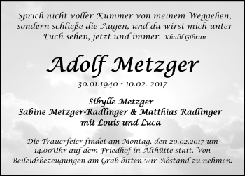 Traueranzeige von Adolf Metzger von Stuttgarter Zeitung / Stuttgarter Nachrichten
