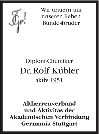 Traueranzeige von Rolf Kübler von Stuttgarter Zeitung / Stuttgarter Nachrichten