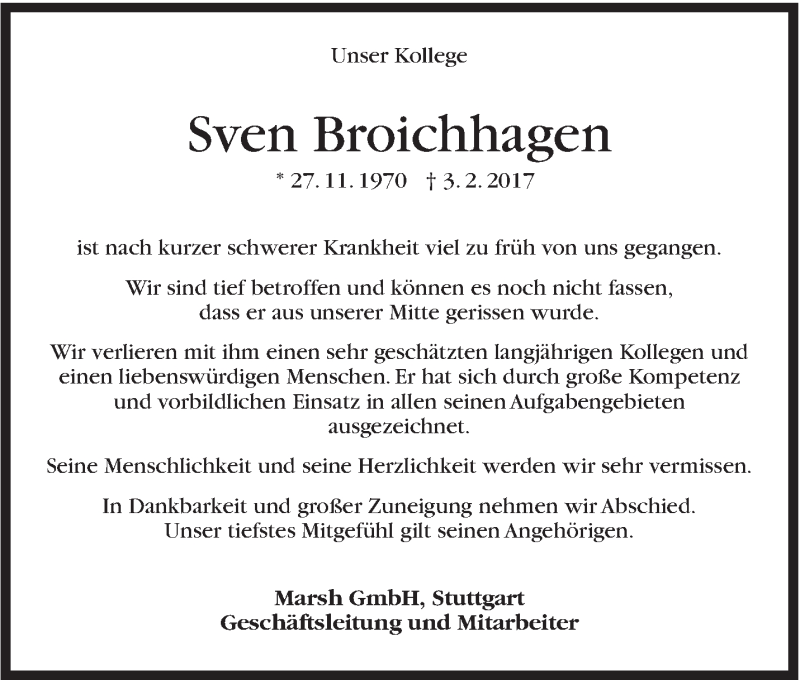 Traueranzeige für Sven Broichhagen vom 11.02.2017 aus Stuttgarter Zeitung / Stuttgarter Nachrichten