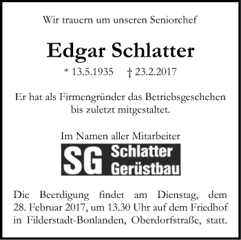 Traueranzeige von Edgar Schlatter von Stuttgarter Zeitung / Stuttgarter Nachrichten