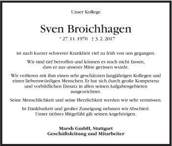 Traueranzeige von Sven Broichhagen von Stuttgarter Zeitung / Stuttgarter Nachrichten