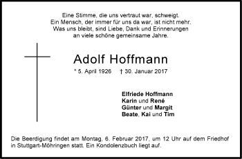 Traueranzeige von Adolf Hoffmann von Stuttgarter Zeitung / Stuttgarter Nachrichten
