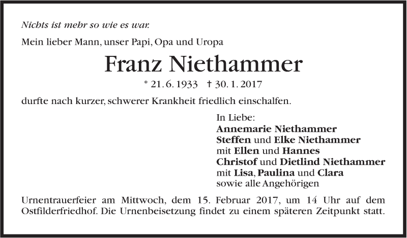  Traueranzeige für Franz Niethammer vom 10.02.2017 aus Stuttgarter Zeitung / Stuttgarter Nachrichten