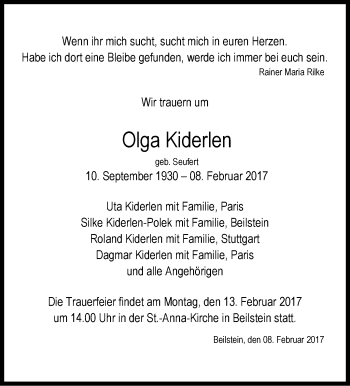 Traueranzeige von Olga Kiderlen von Stuttgarter Zeitung / Stuttgarter Nachrichten