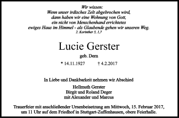 Traueranzeige von Lucie Gerster von Stuttgarter Zeitung / Stuttgarter Nachrichten