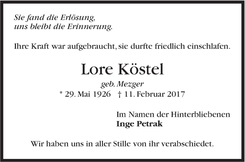  Traueranzeige für Lore Köstel vom 18.02.2017 aus Stuttgarter Zeitung / Stuttgarter Nachrichten