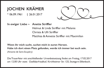 Traueranzeige von Jochen Krämer von Stuttgarter Zeitung / Stuttgarter Nachrichten