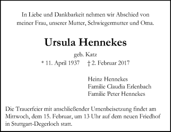 Traueranzeige von Ursula Hennekes von Stuttgarter Zeitung / Stuttgarter Nachrichten