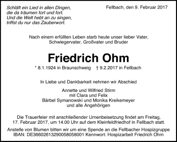 Traueranzeige von Friedrich Ohm von Stuttgarter Zeitung / Stuttgarter Nachrichten