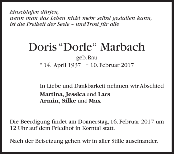Traueranzeige von Doris Marbach von Stuttgarter Zeitung / Stuttgarter Nachrichten