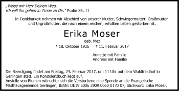Traueranzeige von Erika Moser von Stuttgarter Zeitung / Stuttgarter Nachrichten
