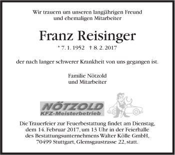 Traueranzeige von Franz Reisinger von Stuttgarter Zeitung / Stuttgarter Nachrichten