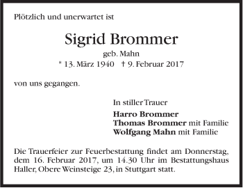 Traueranzeige von Sigrid Brommer von Stuttgarter Zeitung / Stuttgarter Nachrichten