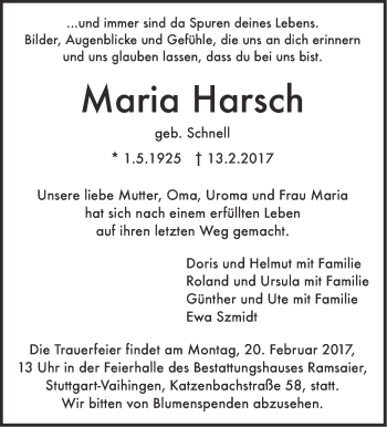 Traueranzeige von Maria Harsch von Stuttgarter Zeitung / Stuttgarter Nachrichten
