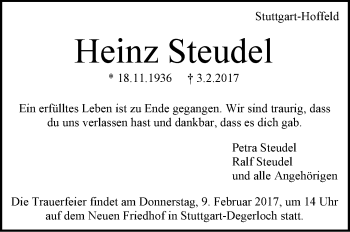 Traueranzeige von Heinz Steudel von Stuttgarter Zeitung / Stuttgarter Nachrichten