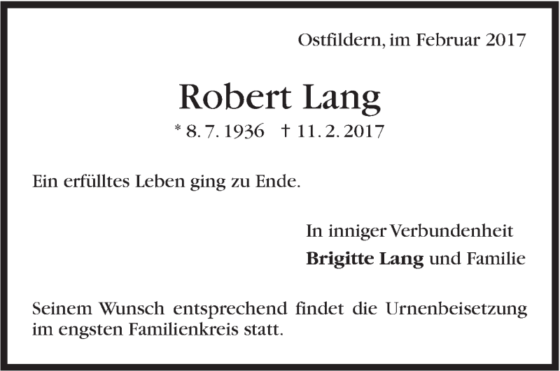  Traueranzeige für Robert Lang vom 18.02.2017 aus Stuttgarter Zeitung / Stuttgarter Nachrichten