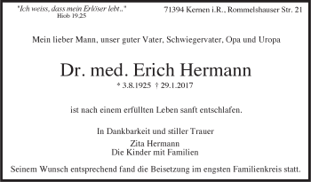 Traueranzeige von Erich Hermann von Stuttgarter Zeitung / Stuttgarter Nachrichten