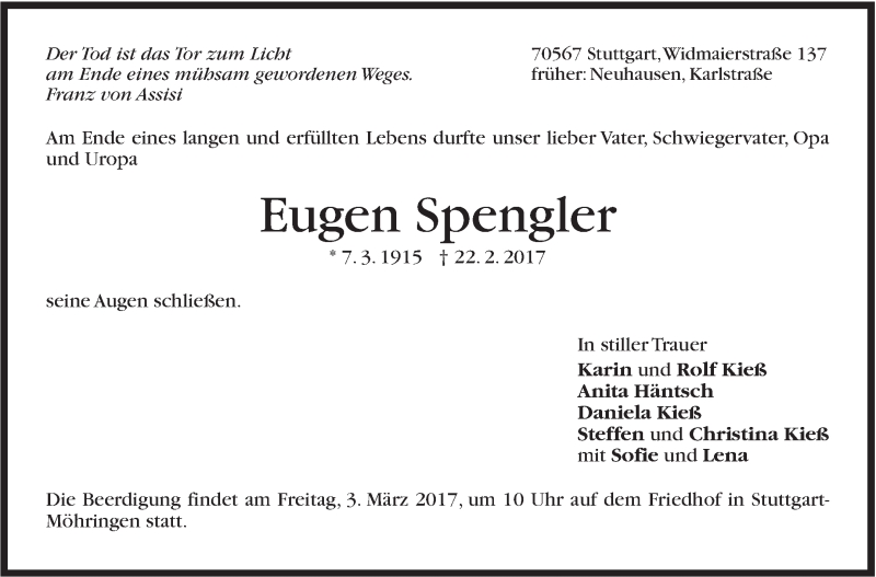  Traueranzeige für Eugen Spengler vom 28.02.2017 aus Stuttgarter Zeitung / Stuttgarter Nachrichten