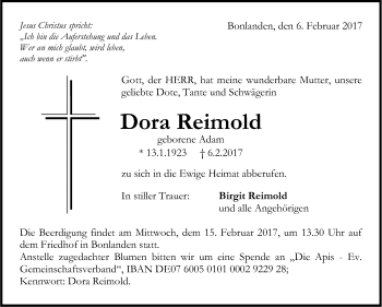 Traueranzeige von Dora Reimold von Stuttgarter Zeitung / Stuttgarter Nachrichten