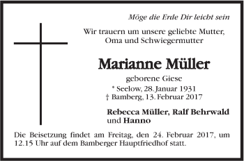 Traueranzeige von Marianne Müller von Stuttgarter Zeitung / Stuttgarter Nachrichten