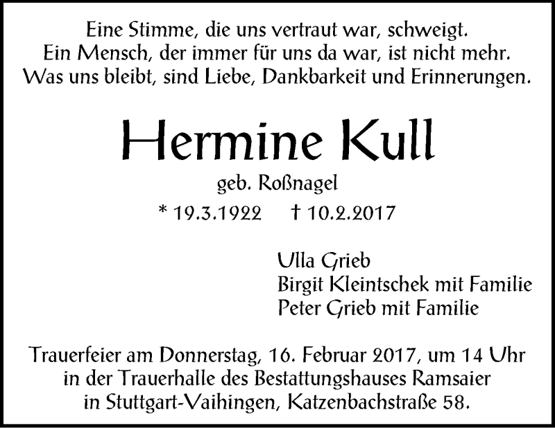 Traueranzeige für Hermine Kull vom 13.02.2017 aus Stuttgarter Zeitung / Stuttgarter Nachrichten