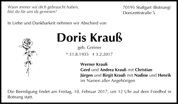 Traueranzeige von Doris Krauß von Stuttgarter Zeitung / Stuttgarter Nachrichten