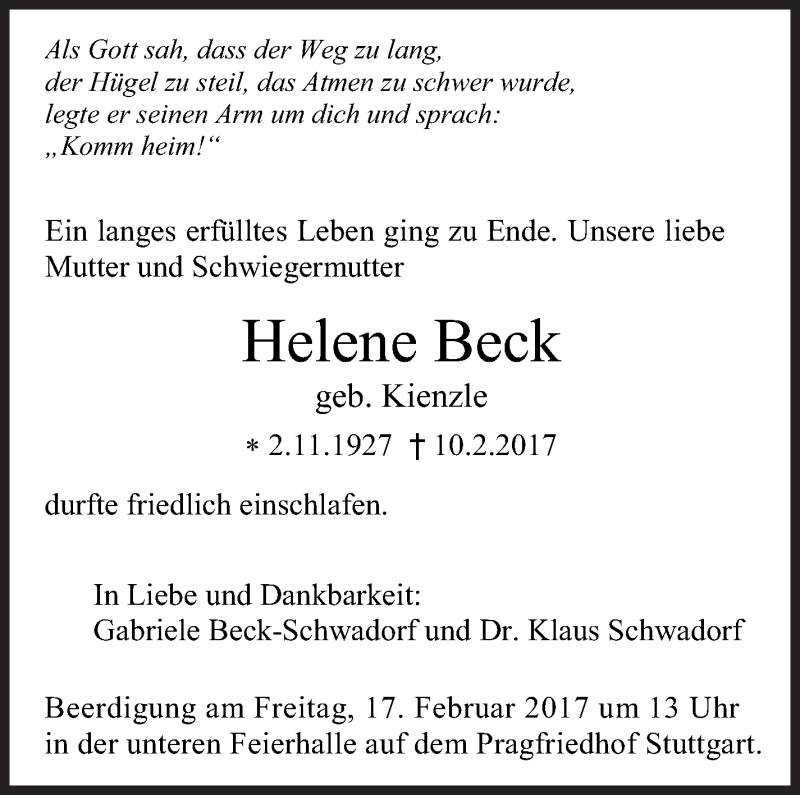  Traueranzeige für Helene Beck vom 14.02.2017 aus Stuttgarter Zeitung / Stuttgarter Nachrichten