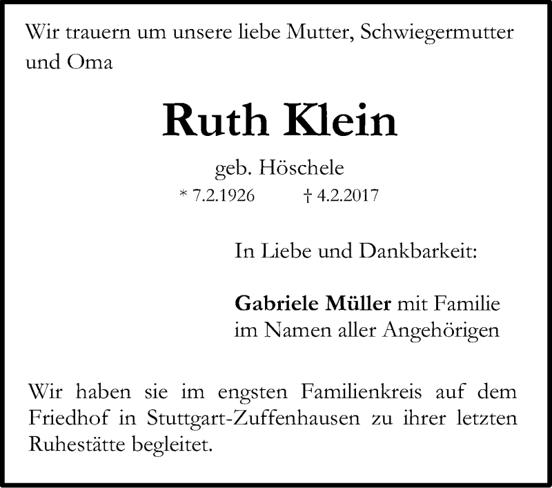  Traueranzeige für Ruth Klein vom 20.02.2017 aus Stuttgarter Zeitung / Stuttgarter Nachrichten